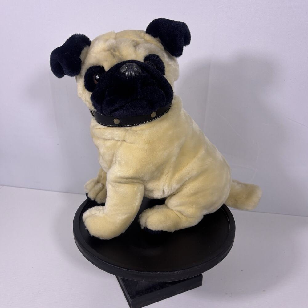 Pug Stuffy With Thick Black Studded Collar Sitting Up